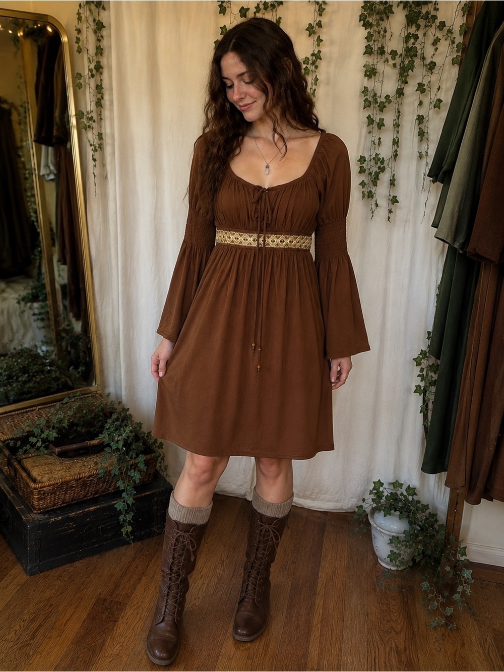 Y2K Fairycore Renaissance Bell Sleeve Dress Embroidered Waist Size XS Cosplay